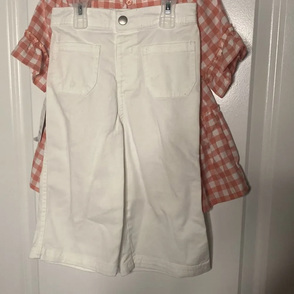 NWT Toddler girl 4T Outfit Set Plaid short sleeve shirt Top White Pants